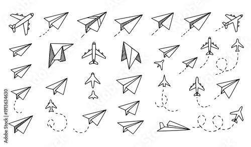 Paper plane doodle icon set with flight paths and hand drawn airplane illustrations vector