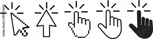 Mouse click cursor icon set, computer pointer symbols, digital arrow and hand clicking shapes, professional vector illustration on white background.