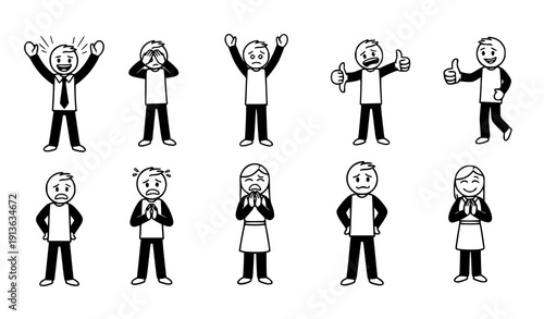Stick figure body language doodle icon collection with standing gestures and emotions vector