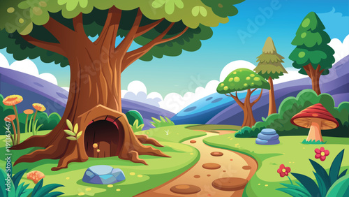 A vibrant illustration depicts a whimsical forest landscape with a tree hollow entrance high-quality professional