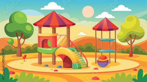 A colorful playground scene with slides climbing structures and a bright sunny backdrop high-quality professional