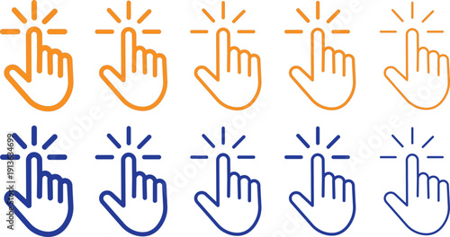 Mouse click cursor icon set, computer pointer symbols, digital arrow and hand clicking shapes, professional vector illustration on white background.