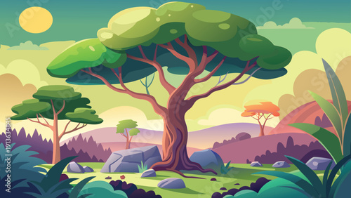 A vibrant and colorful illustration depicts a peaceful landscape with trees and a bright sun