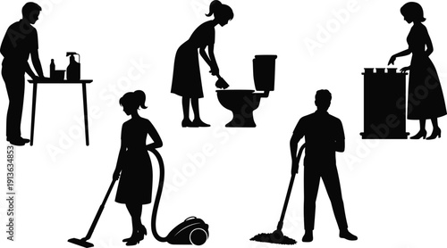 Silhouettes of People Cleaning a House with Various Tools on White Background Keywords: cleaning, cleaner, house, home, hygiene