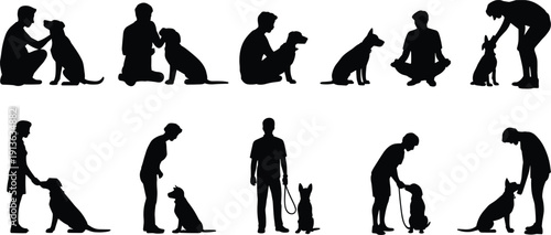 Silhouettes of People Interacting with Dogs in Training and Companion Poses person sitting