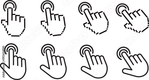 Professional clicking cursor icons, startup website navigation symbols.Minimalist mouse pointer icons, computer navigation symbols, clicking hand and arrow graphics,
