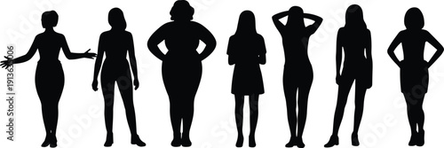 Silhouettes of seven women with different body types and poses on a white background female diverse