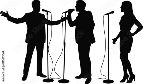 Silhouettes of Three Singers Performing with Microphones on White Background Keywords: singers, silhouette, performing