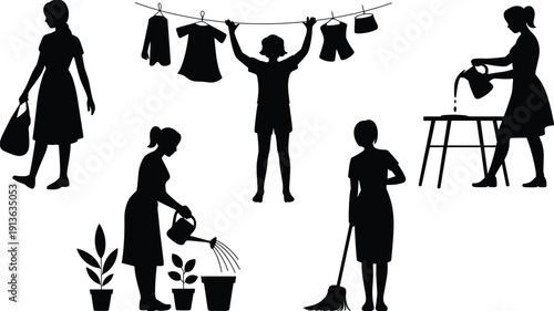 Silhouettes of women engaged in household chores like watering plants and cleaning woman female