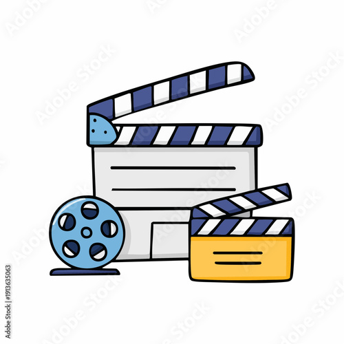 Hand drawn doodle film and cinema icon pack, camera and clapperboard, simple sketch, mix color and black white, flat vector

