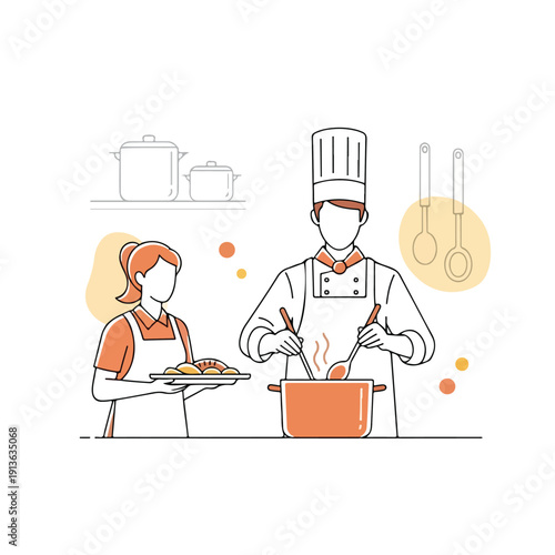 Professional chefs preparing food in a kitchen illustration