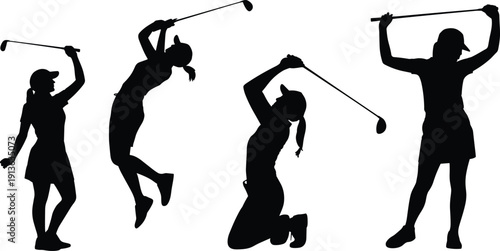 Silhouettes of Women Golfers Swinging Clubs in Dynamic Poses woman sport