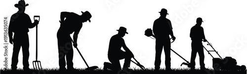 Black silhouette set of landscaping workers, professional gardeners using lawn mower, trimmer, pitchfork and pruner, isolated vector illustration on white.