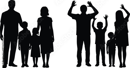 Two silhouette groups of families, one standing together and one with arms raised on a white background