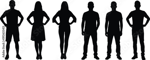 Black silhouette set of men and women standing, group of young people posing, casual fashion style, isolated vector illustration elements.