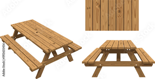 Wooden picnic table illustration showing outdoor garden furniture with bench seating and natural wood texture for park camping vector isolated background