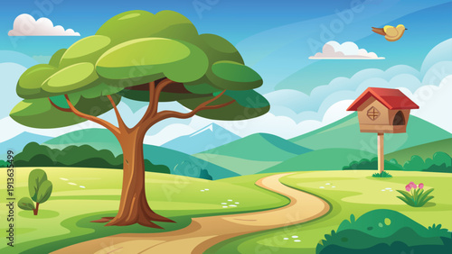 A vibrant cartoon landscape featuring a large tree winding path and a charming birdhouse high-quality