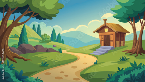 A charming wooden cottage sits nestled on a hillside framed by lush trees and a winding path