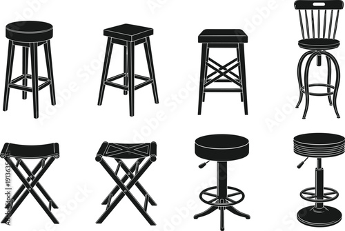Black silhouette set of various bar stools and chairs, kitchen furniture icons, folding stool and swivel chair, isolated vector illustration.