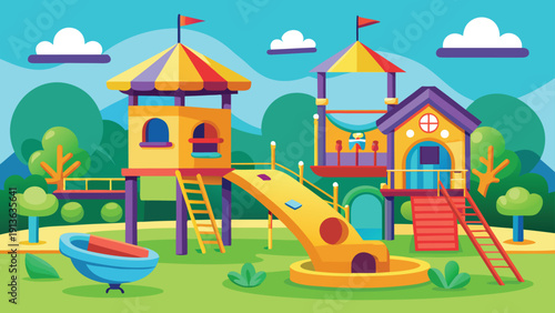 A colorful cartoon illustration of a playground with towers slides and climbing structures high-quality professional
