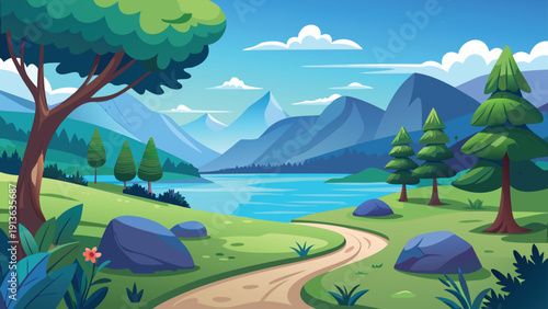 A vibrant cartoon landscape depicts a winding path through lush green hills and mountains high-quality