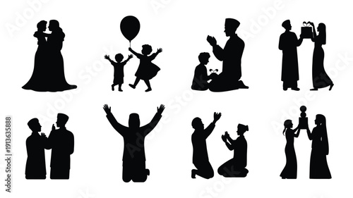Elegant black silhouettes of couples families and individuals in various romantic and celebratory poses on white background