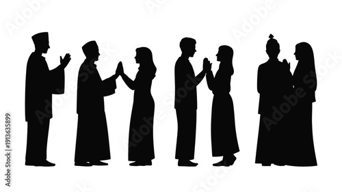 Vector silhouette set of diverse people in traditional clothing praying and greeting each other on eid ul fitr ramadan or islamic holiday black icons on white background