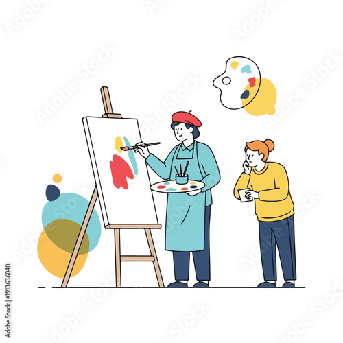 Artist painting on canvas with palette and model watching, flat illustration