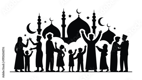 Silhouette of a muslim family celebrating ramadan with joyful gestures in front of a mosque at night with crescent moons and stars