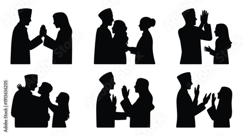 Collection of black silhouette illustrations of people interacting and greeting each other in various poses and gestures on a white background