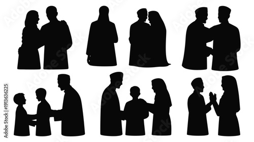 A collection of black silhouette illustrations of people interacting and communicating in various social settings and relationships on white background