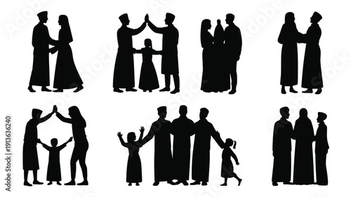 Collection of black silhouette vector graphics of diverse people interacting and bonding in various poses