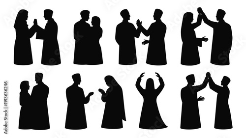 Collection of black silhouette vector graphics of people in various poses and interactions on white background