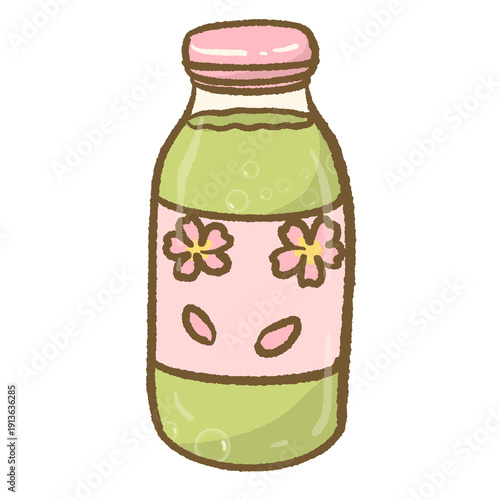 Sakura matcha bottled drink with pink floral label soft pastel kawaii illustration for japanese cafe beverage clipart spring theme