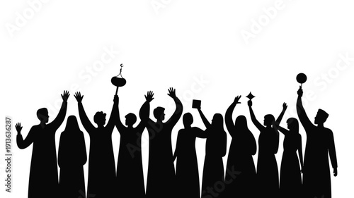 Silhouette of diverse people celebrating eid ul fitr with raised hands and traditional food festive atmosphere black vector illustration on white background joyful crowd cultural event