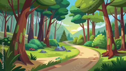 A winding dirt path leads through a lush vibrant forest with tall trees and mountains
