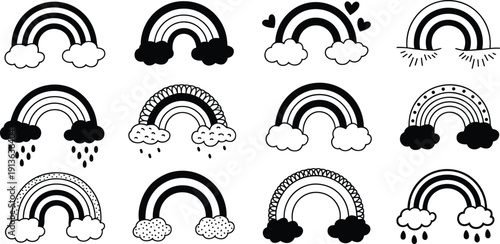 Twelve Black And White Doodle Rainbow Illustrations With Clouds And Raindrops outline
