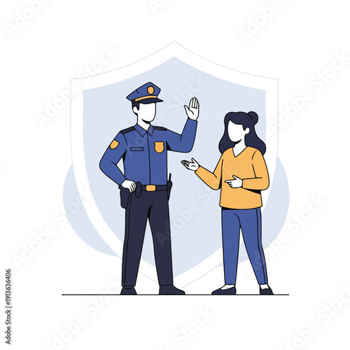 Police Officer Stops Woman for Questioning with Shield Symbolizing Security