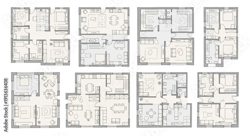Collection of eight different floor plan layouts for apartments.