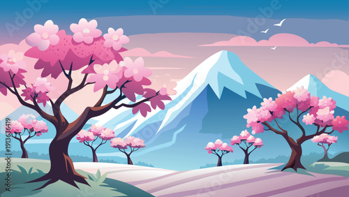 A serene landscape featuring blooming cherry blossom trees with snow capped mountains in the background