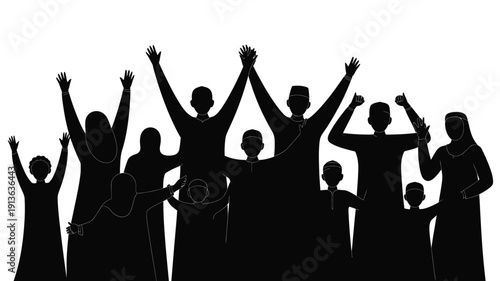 Diverse group of people in black silhouette celebrating with raised hands in unity and solidarity on white background