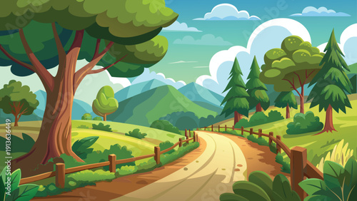 A winding dirt road leads through a lush green landscape with mountains in the distance