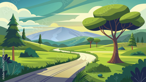 A winding road leads through a lush green landscape with distant mountains and stylized trees