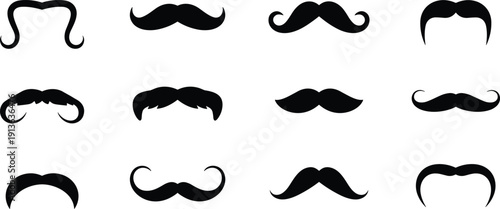 Twelve Black Mustache Silhouettes With Different Styles And Shapes moustache facial hair