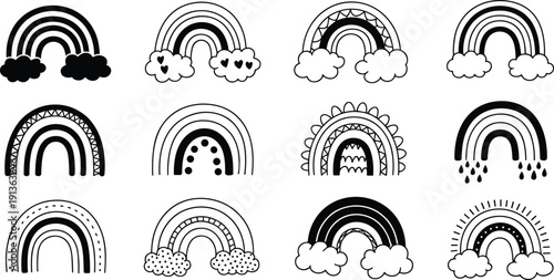 Twelve Black And White Doodle Rainbow Illustrations With Clouds And Raindrops outline