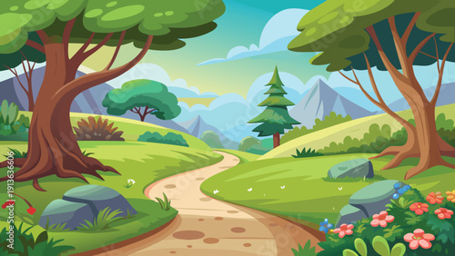A winding path leads through a vibrant cartoon style landscape with lush green trees and mountains
