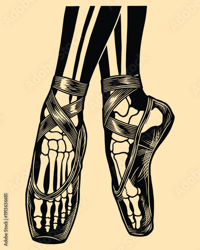 Skeleton Ballerina Feet En Pointe Woodcut Style Anatomical Illustration