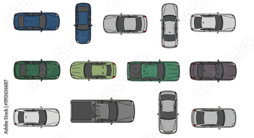 Collection of diverse vehicles seen from a top down aerial perspective.