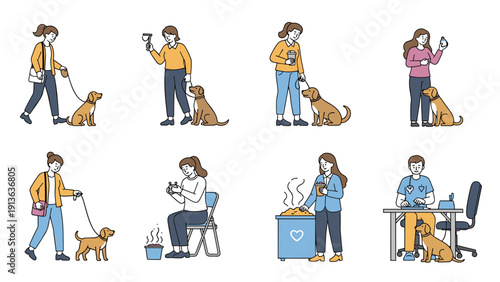 Comprehensive set of illustrations shows responsible pet owners walking, feeding, grooming, and cleaning up after their small brown dogs.