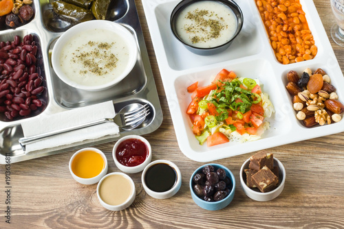 Fotografi The Traditional Turkish Ramadan iftar meal consists of two separate food trays,s